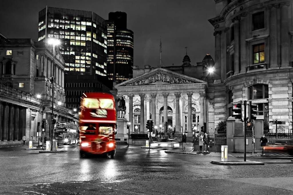 Papier peint noir et blanc - Bus rouge à Londres - Chambre d'adolescent