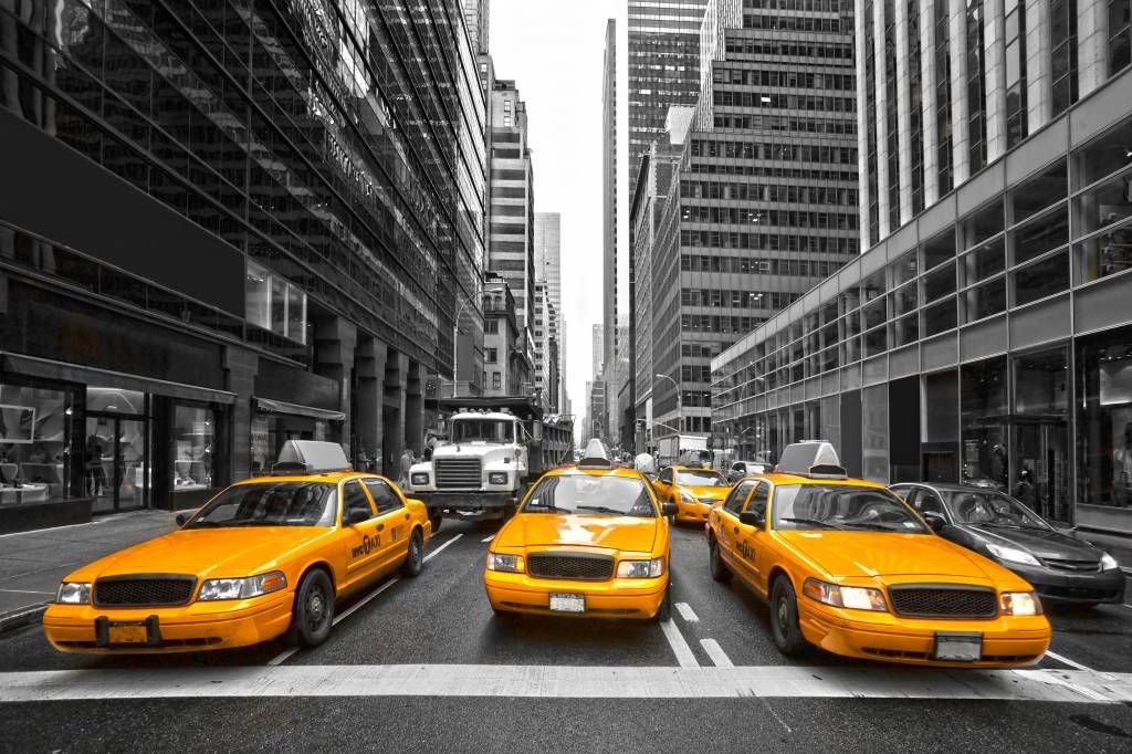 Papier peint noir et blanc - Taxis jaunes à New York - Chambre d'adolescent
