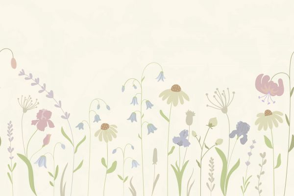 Champ de fleurs en hauteur beige, vieux rose, vert et lilas