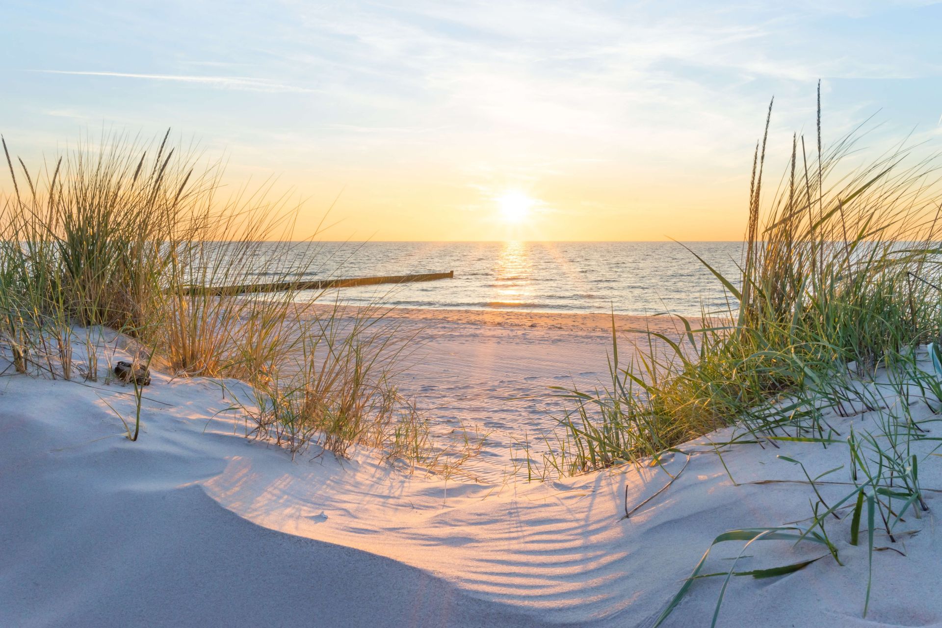 Plage de dunes avec coucher de soleil main product photo