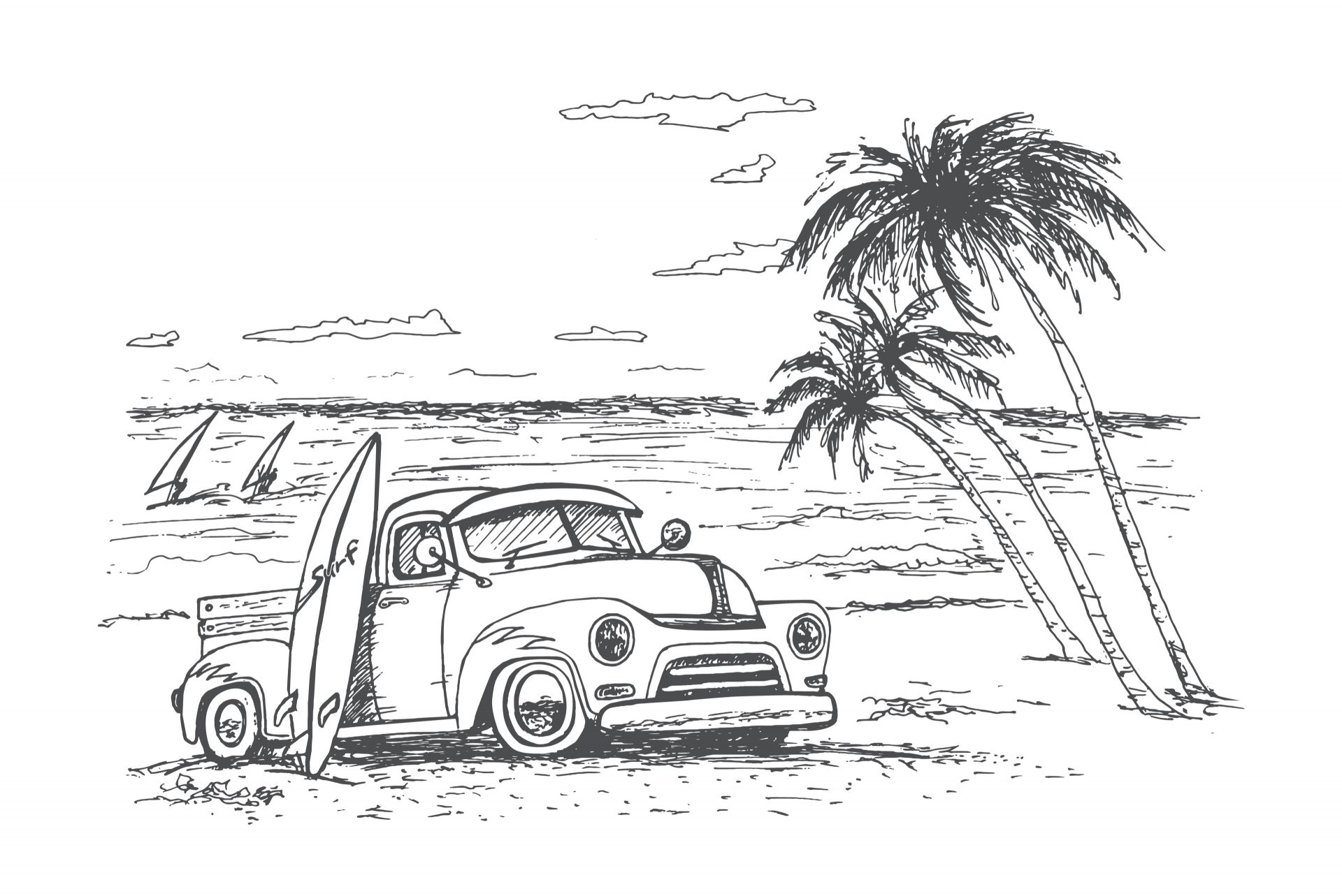 Plage dessinée en noir et blanc Plage dessinée en noir et blanc