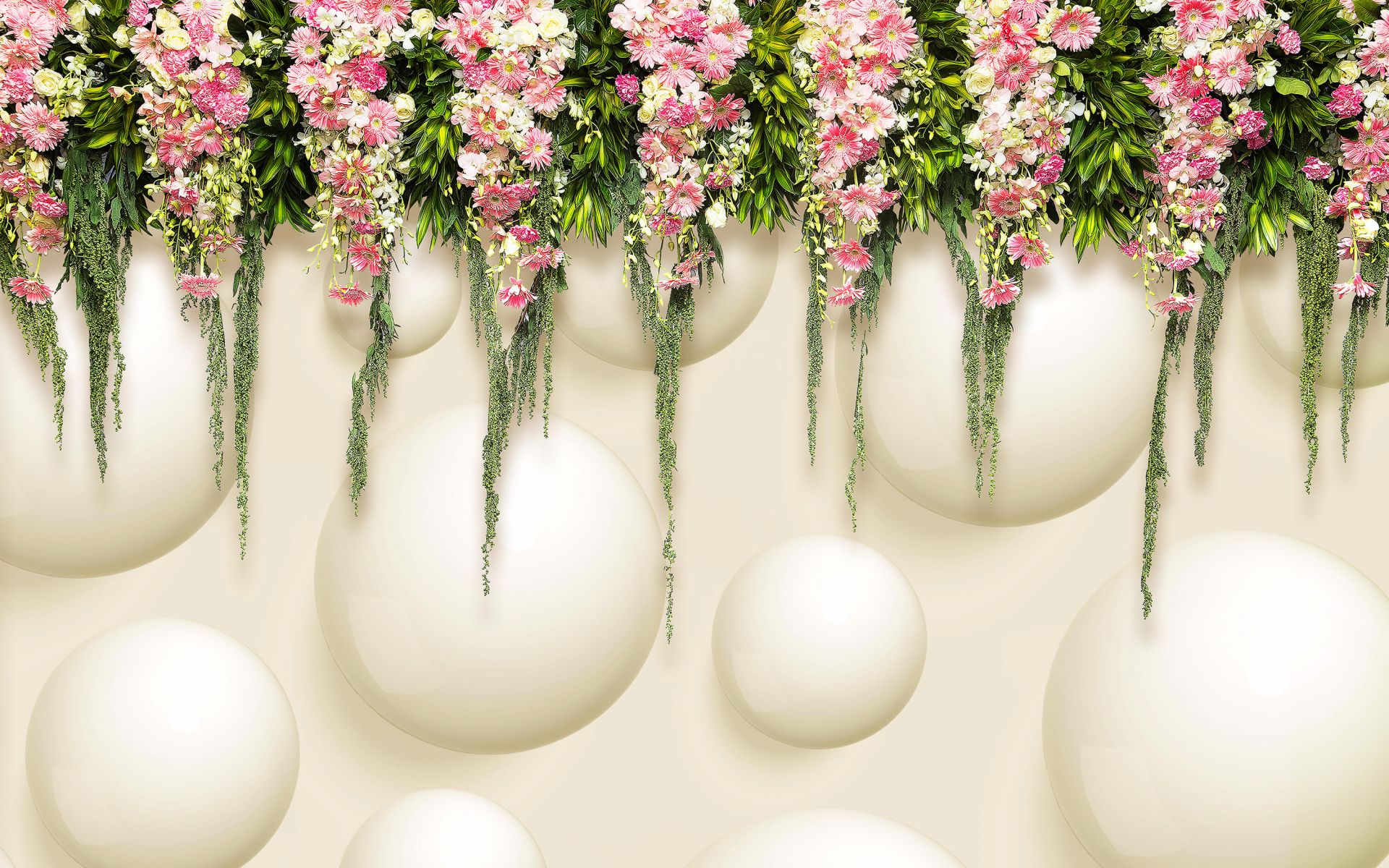 Fleurs roses suspendues sur un mur en 3D Fleurs roses suspendues sur un mur en 3D