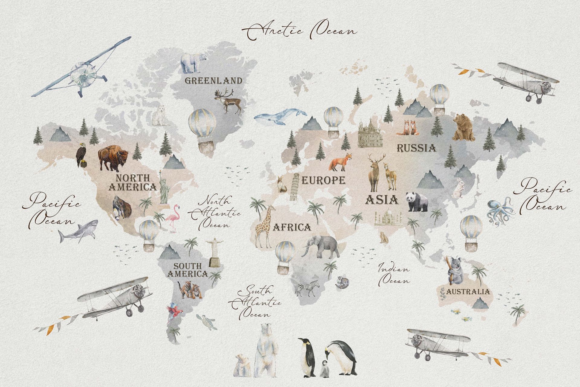 Carte du monde avec différents animaux main product photo