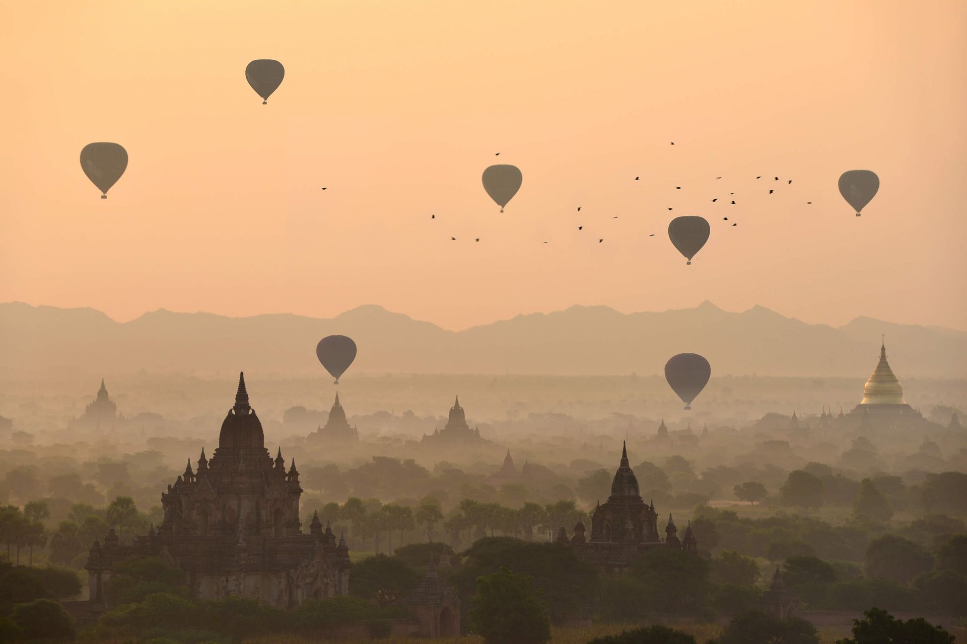 Bagan, balloons flying over ancient temples main product photo