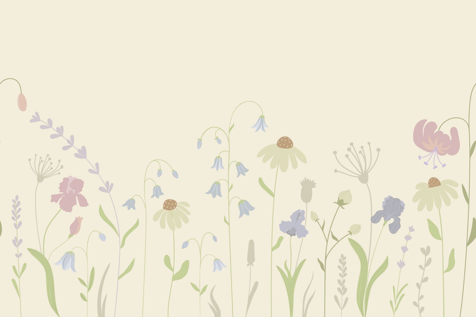 Champ de fleurs haut sable, vieux rose, vert et lilas