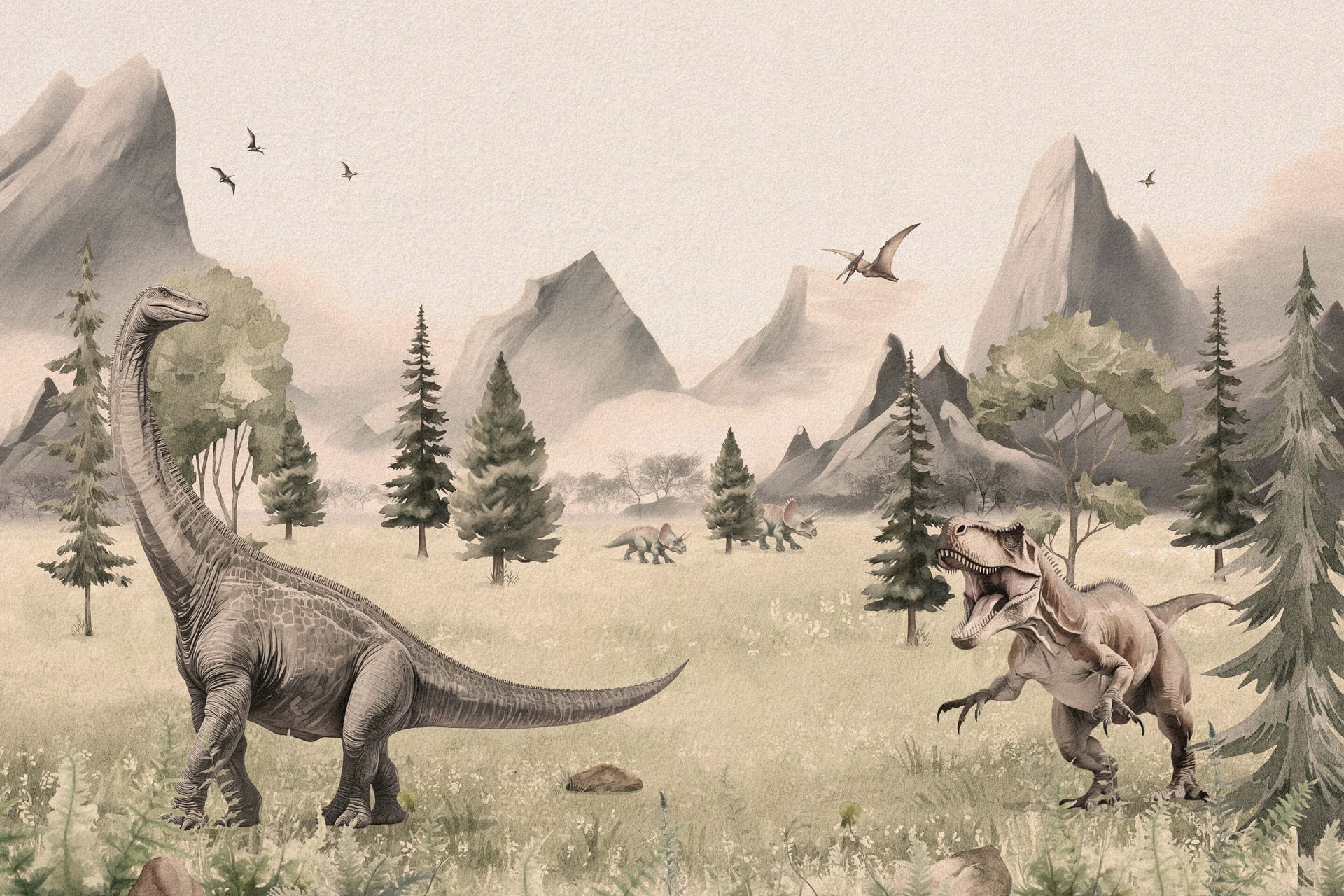 Paysage avec dinosaures en beige Paysage avec dinosaures en beige
