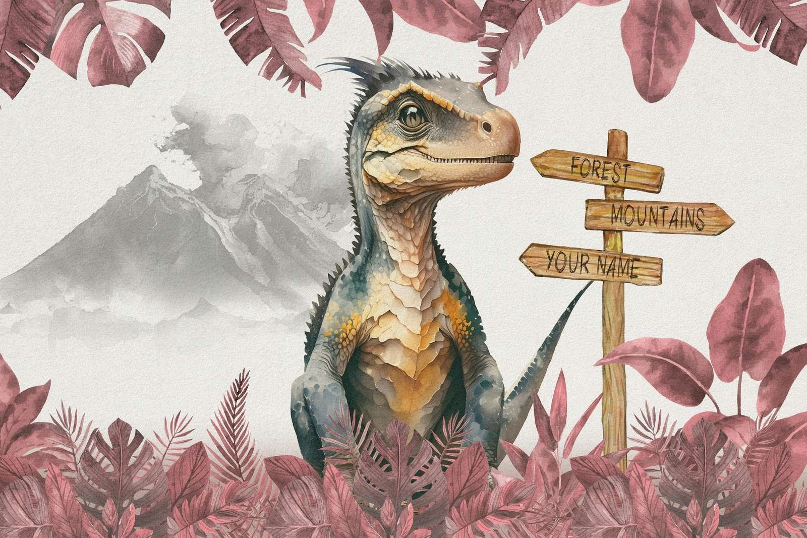 Bébé vélociraptor dans la jungle rose Bébé vélociraptor dans la jungle rose