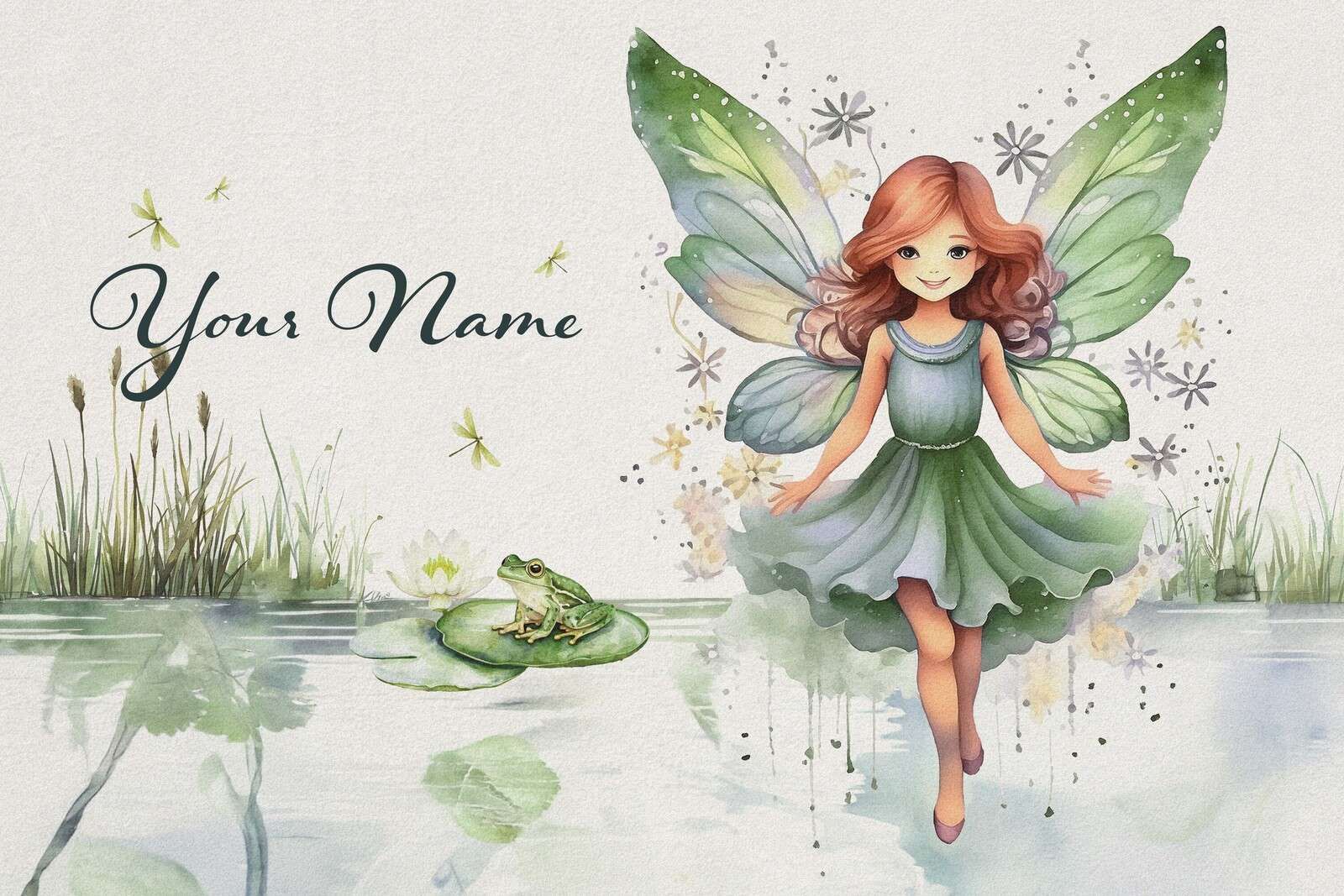 Lutin de l'étang avec grenouille et libellules