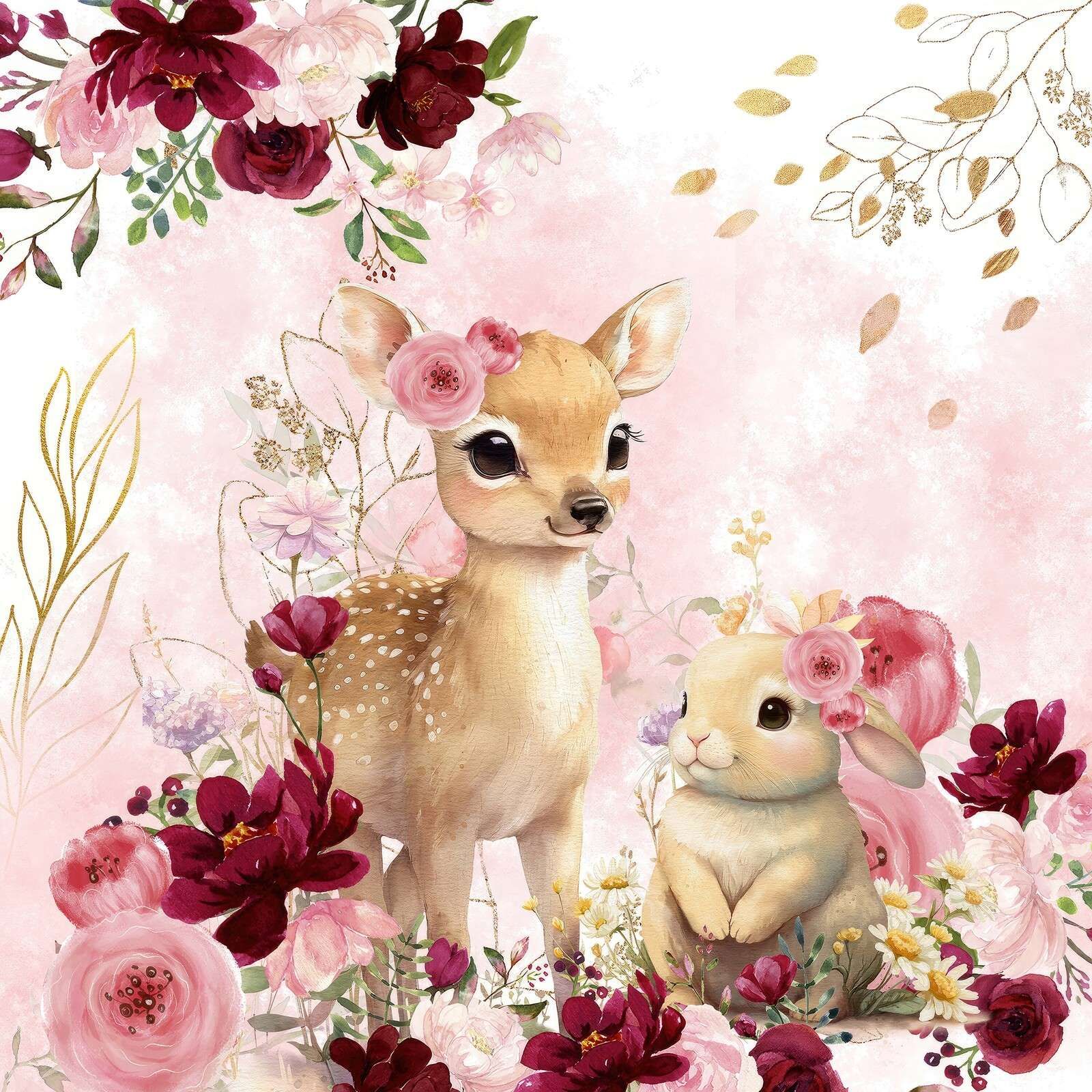 Hertje et lapin dans la splendeur des fleurs