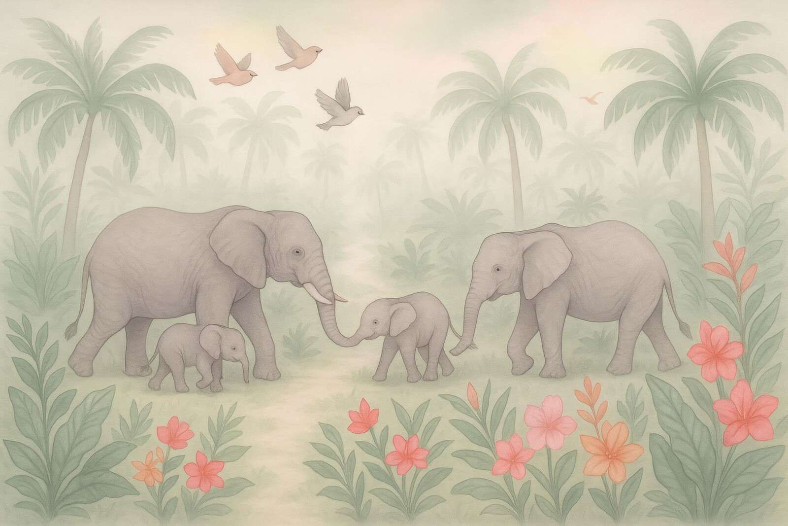 Promenade d'éléphants parmi les fleurs tropicales