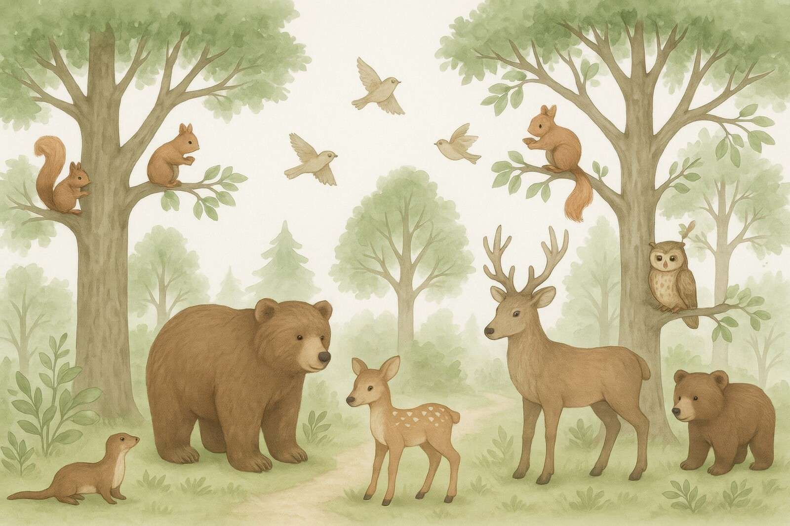 Animaux de la forêt dans la verdure estivale.