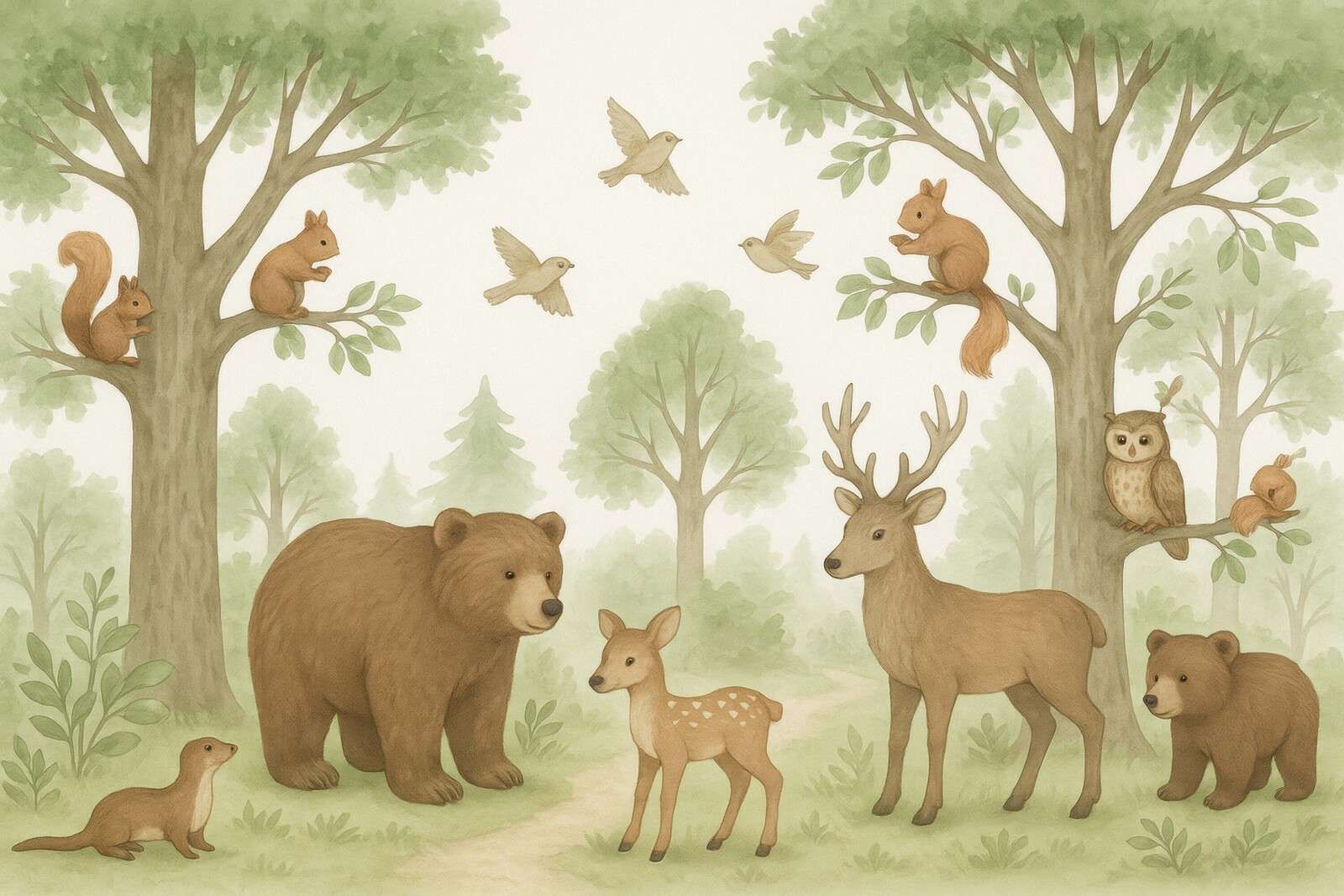 Animaux de la forêt dans la verdure estivale.