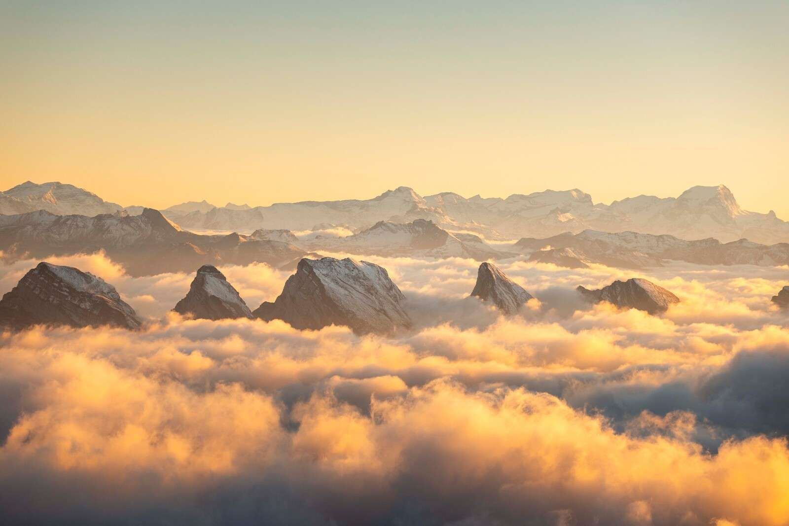 Les sommets des montagnes au-dessus de la mer de nuages dorés.