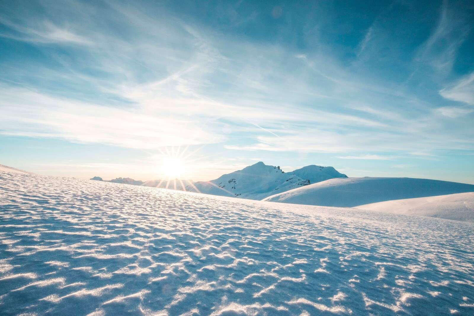 Soleil du matin sur des étendues de neige scintillante