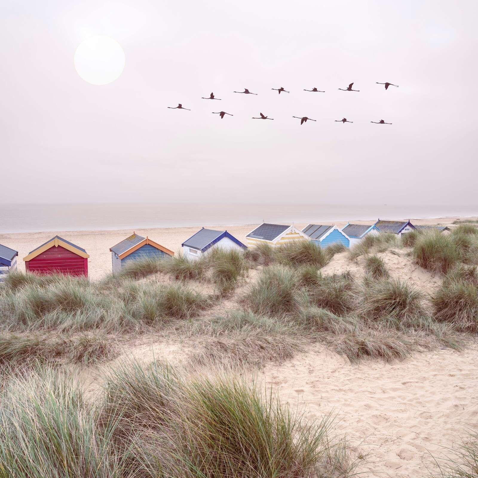 Les cabanes de plage sur le rivage sablonneux.