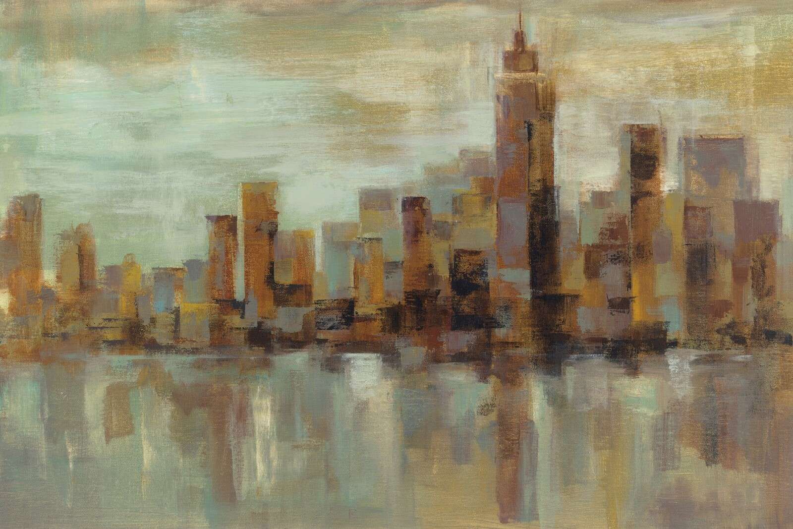 Skyline brumeux en lumière cuivrée