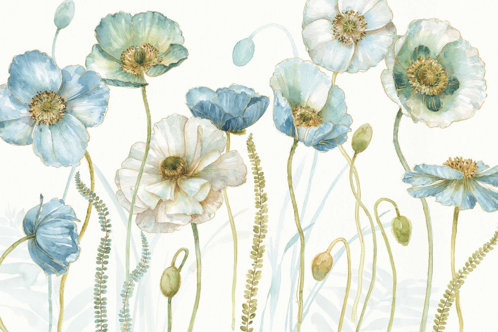 Pavots aquarelle dans un champ bleu-vert