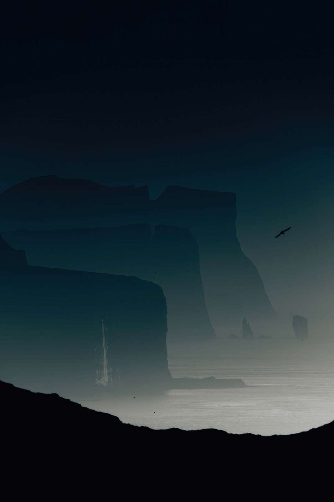 Falaises dans la brume bleu-gris du matin