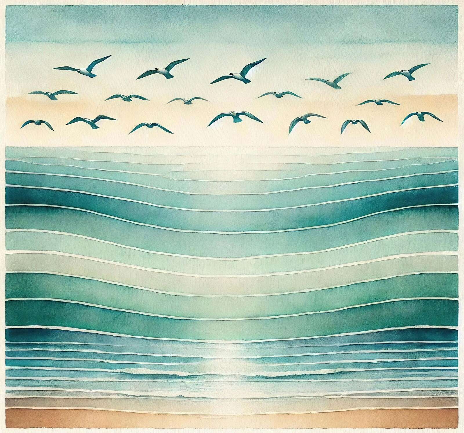 Mer d'été avec des mouettes qui volent.
