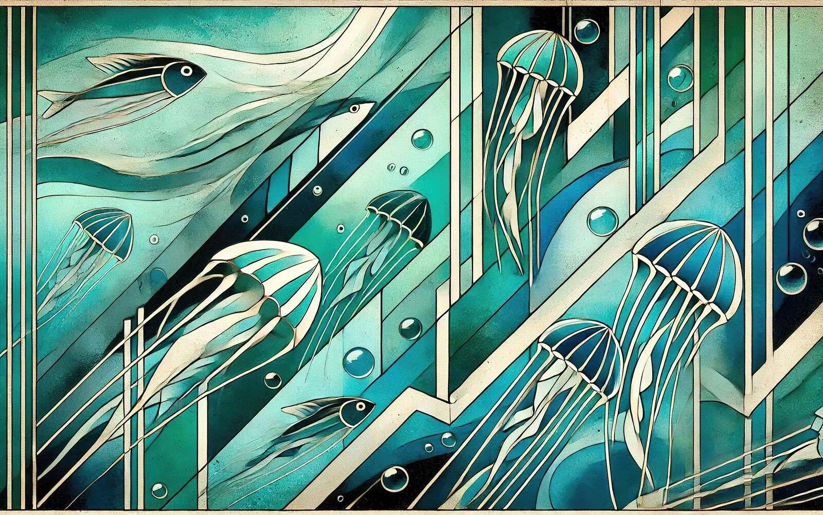 Monde sous-marin avec des méduses dans des motifs Art Déco.