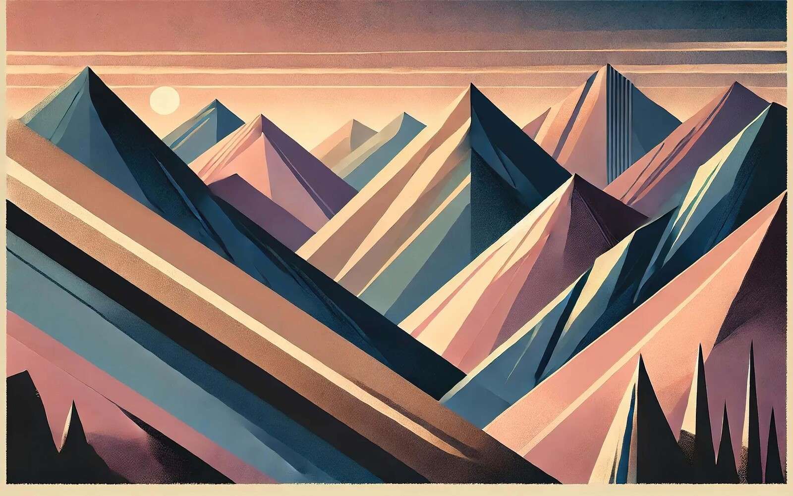 Paysage de montagne géométrique dans une lueur pastel.