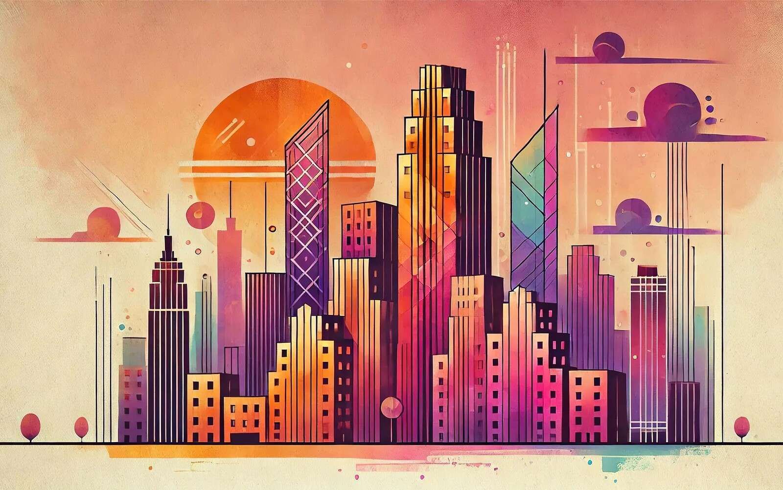 Ville colorée sous un soleil rose