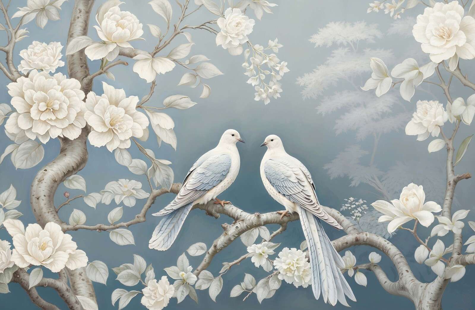 Des colombes blanches entre les branches en fleurs.