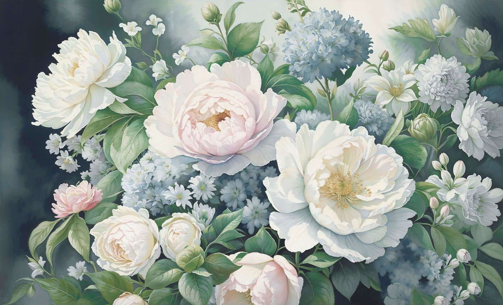 Pivoines romantiques en bleu pastel.