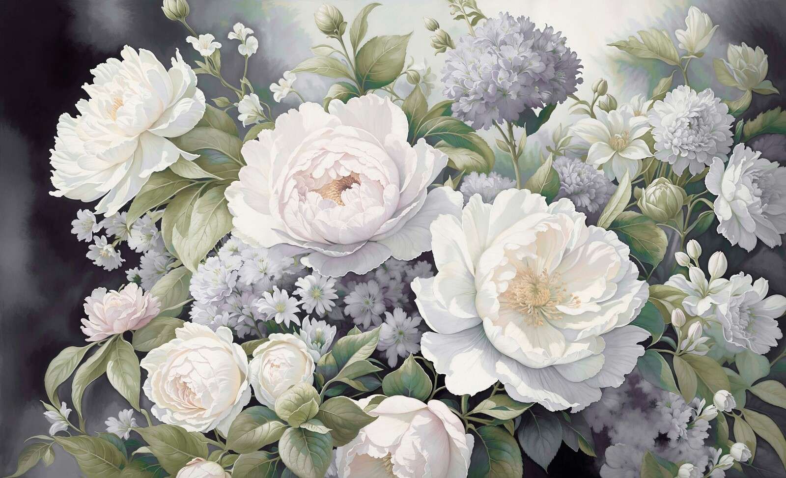 Pivoines blanches en vert brumeux