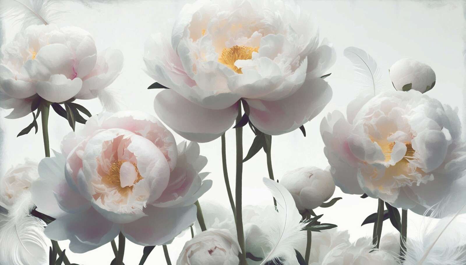 Pivoines blanches avec des plumes