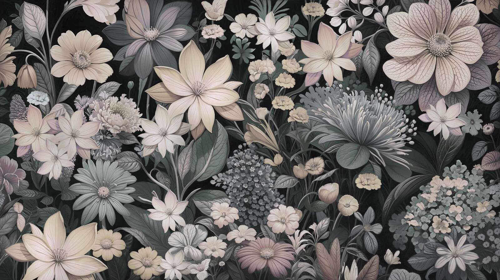 Prairie fleurie sombre aux tons pastel