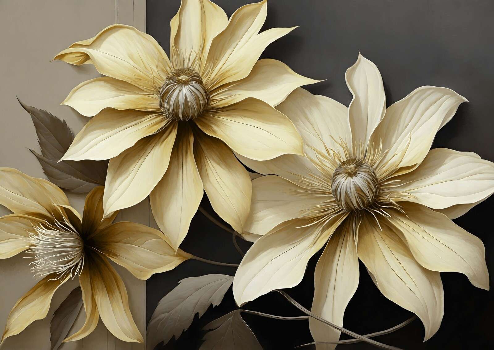 Fleurs de clématite dorées sur fond sombre
