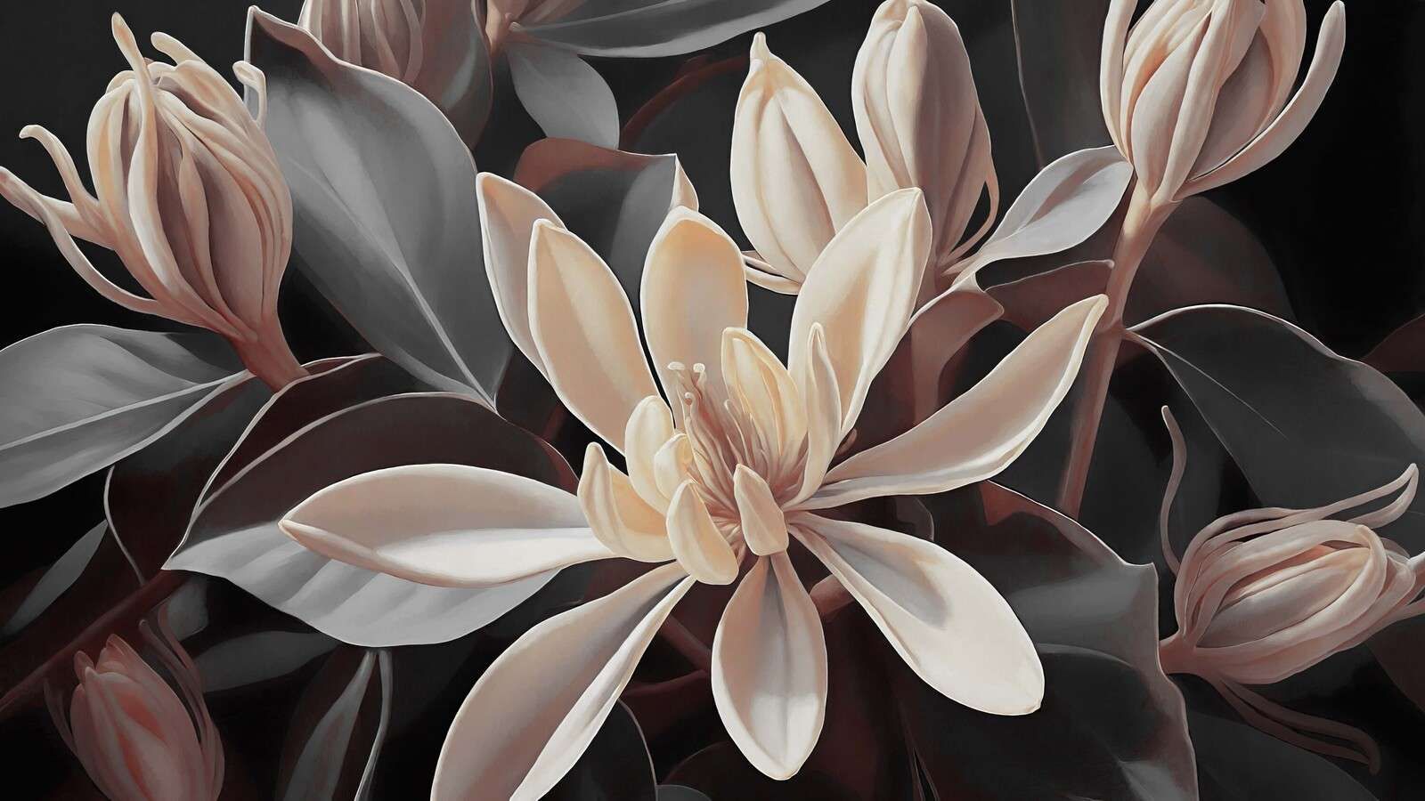 Fleurs de magnolia crème sur fond sombre