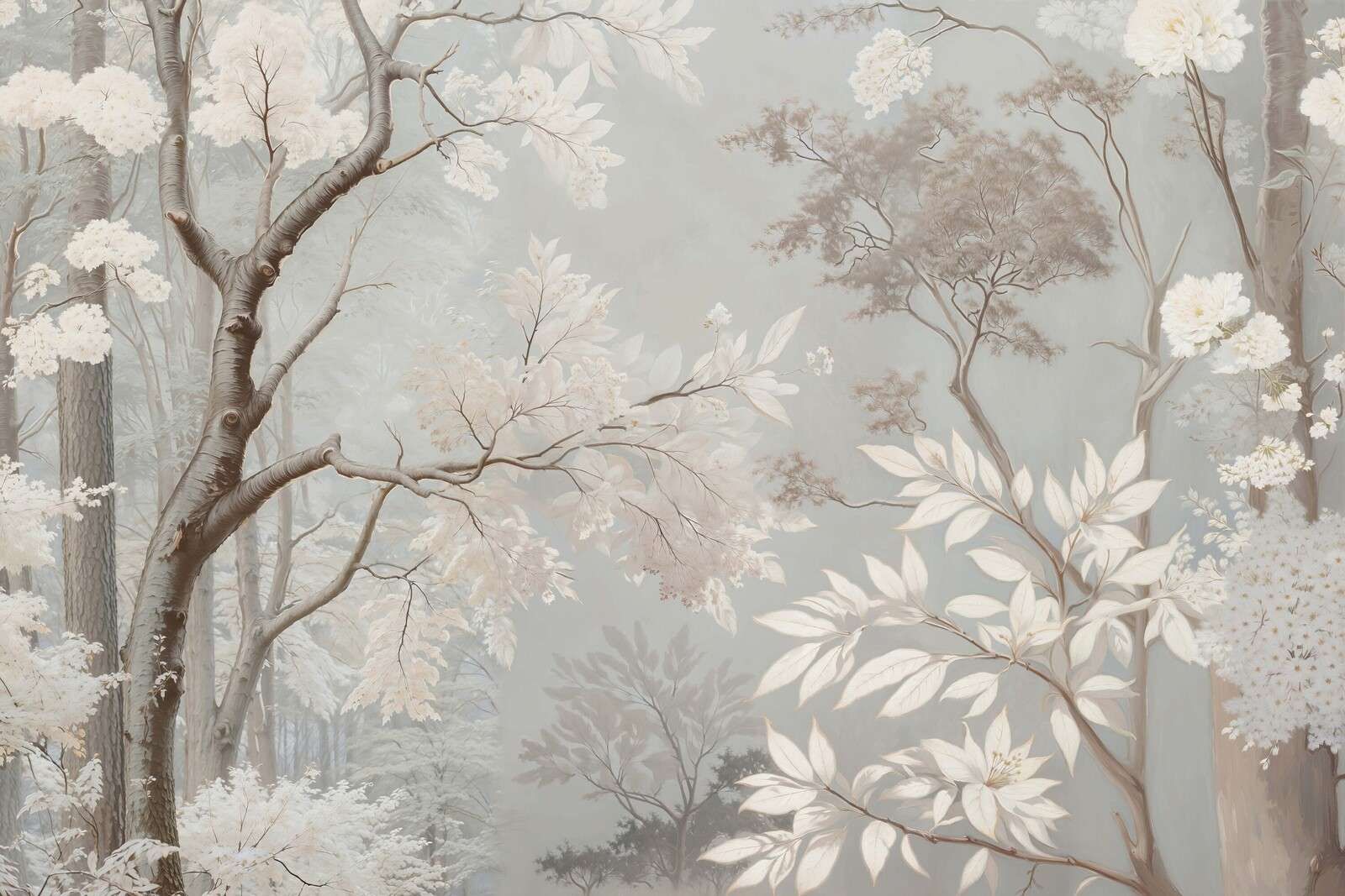 Paysage boisé brumeux avec des fleurs blanches