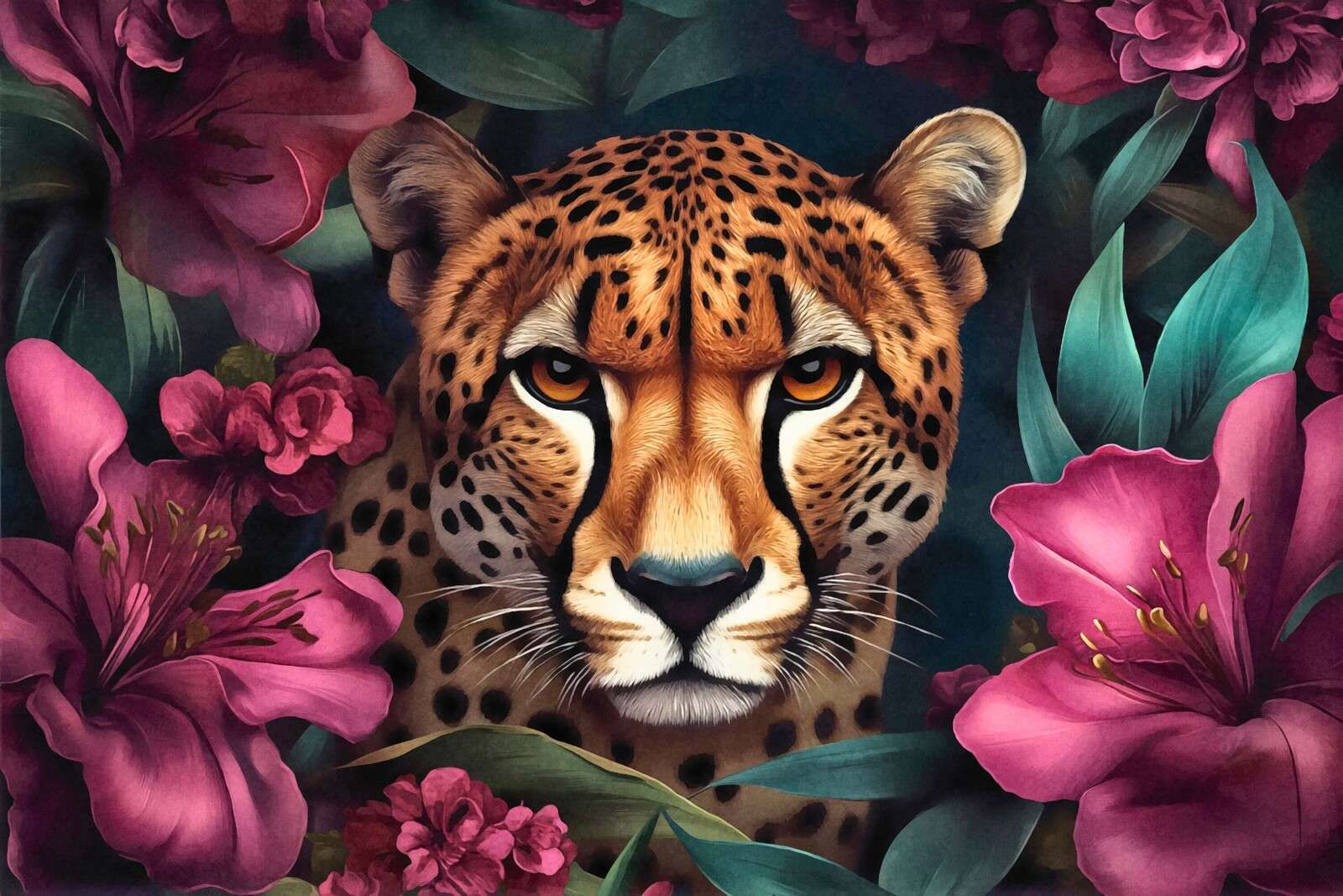 Grâce du guépard sauvage et des fleurs exotiques