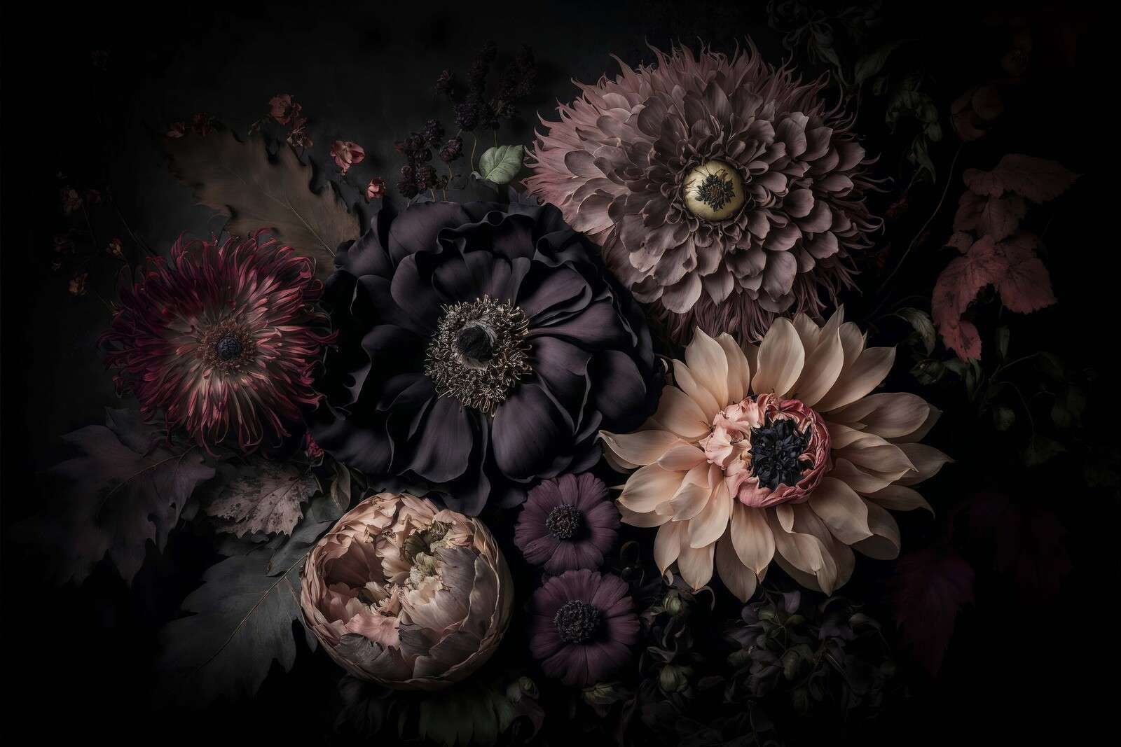 Fleurs sombres et mélancoliques, luxe bohème
