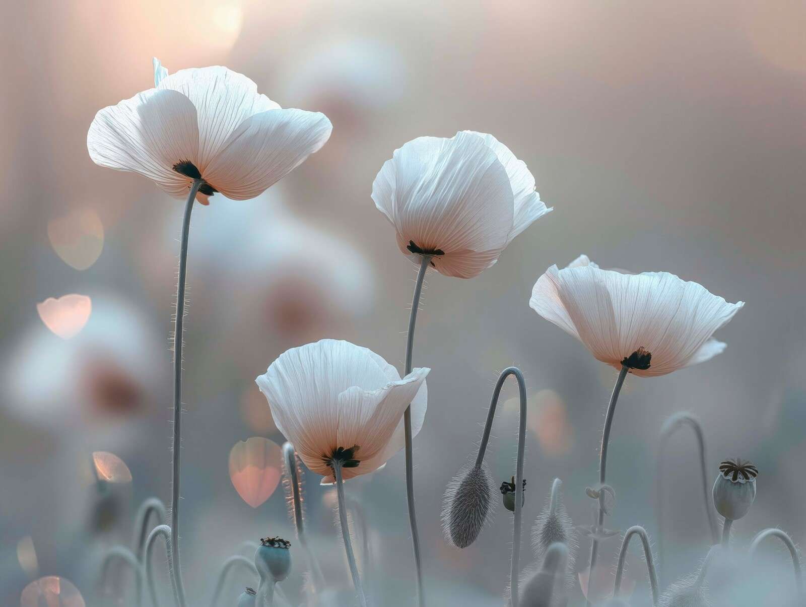 Coquelicots blancs dans la lumière du matin
