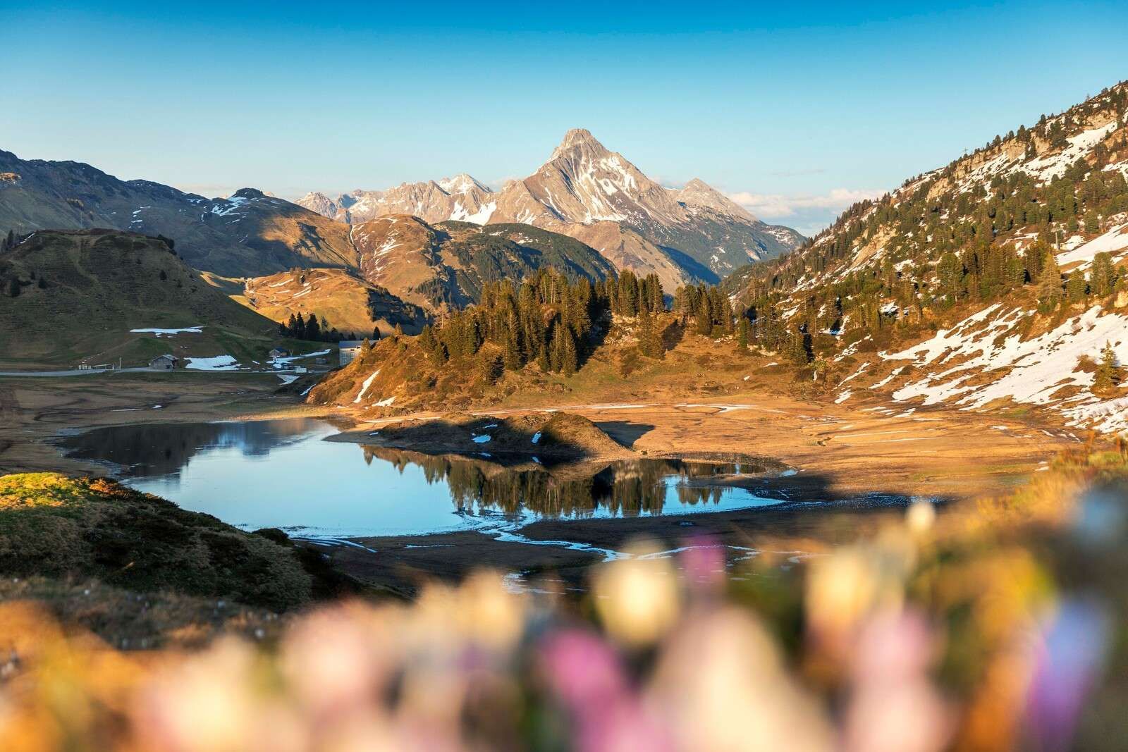 Lac de montagne dans la lumi√®re du printemps