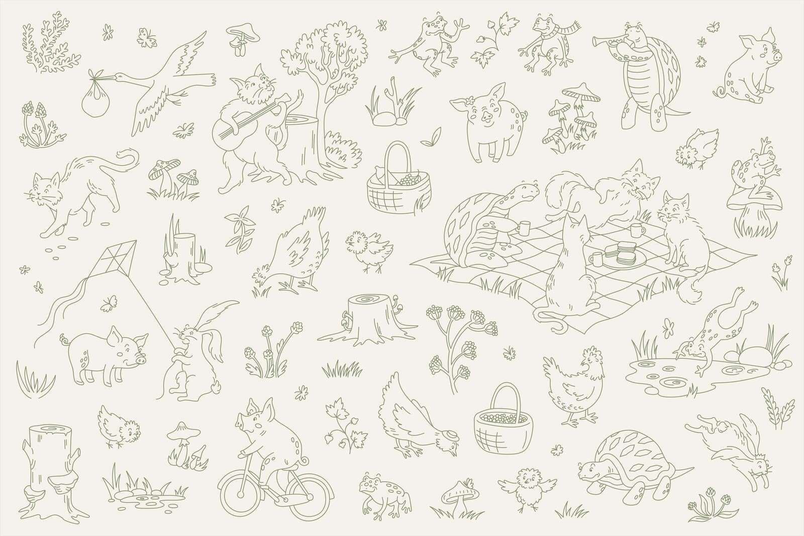 Animaux de la forêt calmes beige et vert foncé