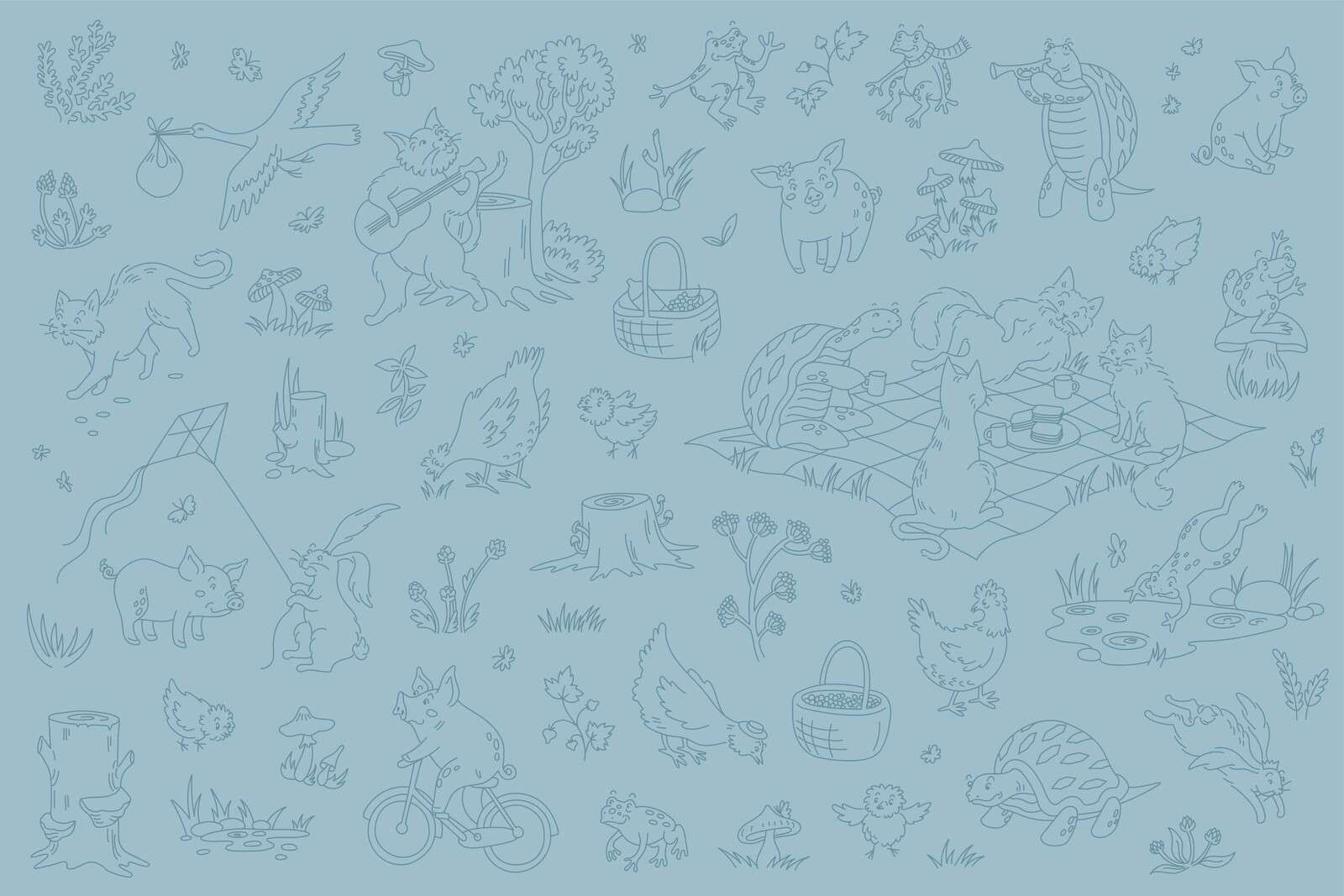 Animaux de forêt calmes bleus